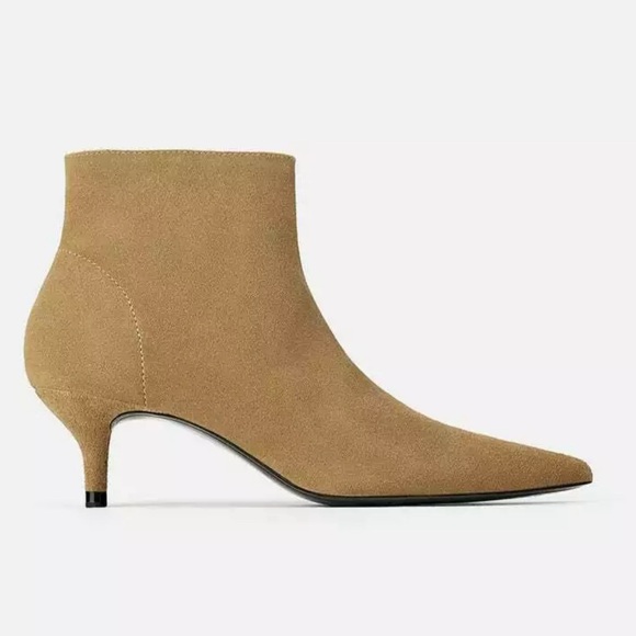 Zara Shoes - NWT Zara SPLIT KITTEN Heel Genuine Leather Camel Suede Zip Bootie Pointy Toe 41